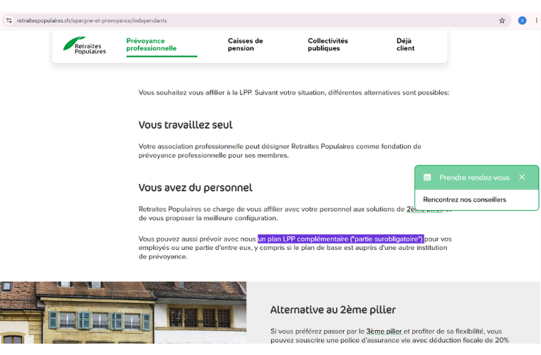 retraitespopulaires.ch : extrait recopié mot pour mot par les assistants IA en réponse à « LPP pour indépendants et patrons de PME en Suisse, que choisir ? »